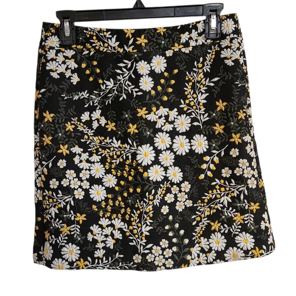Loft Floral Jacquard Mini Skirt  Womens Sz 2P Tapestry Black Yellow Daisys Lined